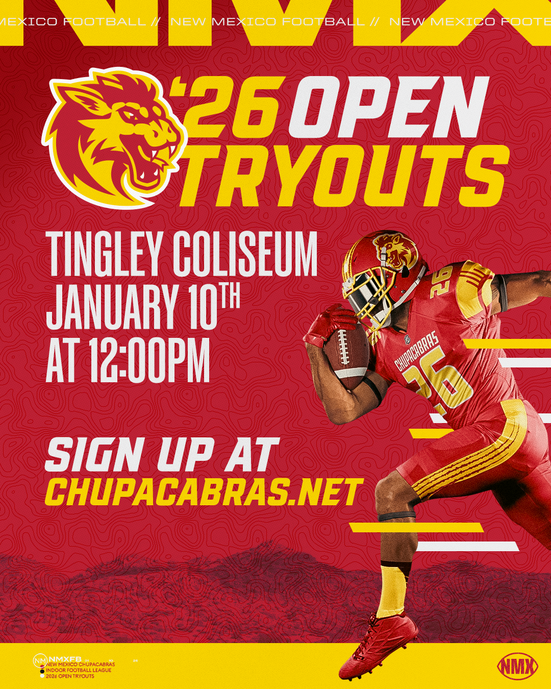 NEW MEXICO CHUPACABRAS INDOOR FOOTBALL OPEN TRYOUTS IN ALBUQUERQUE JAN 10TH 2025 Tingley Coliseum NOON
